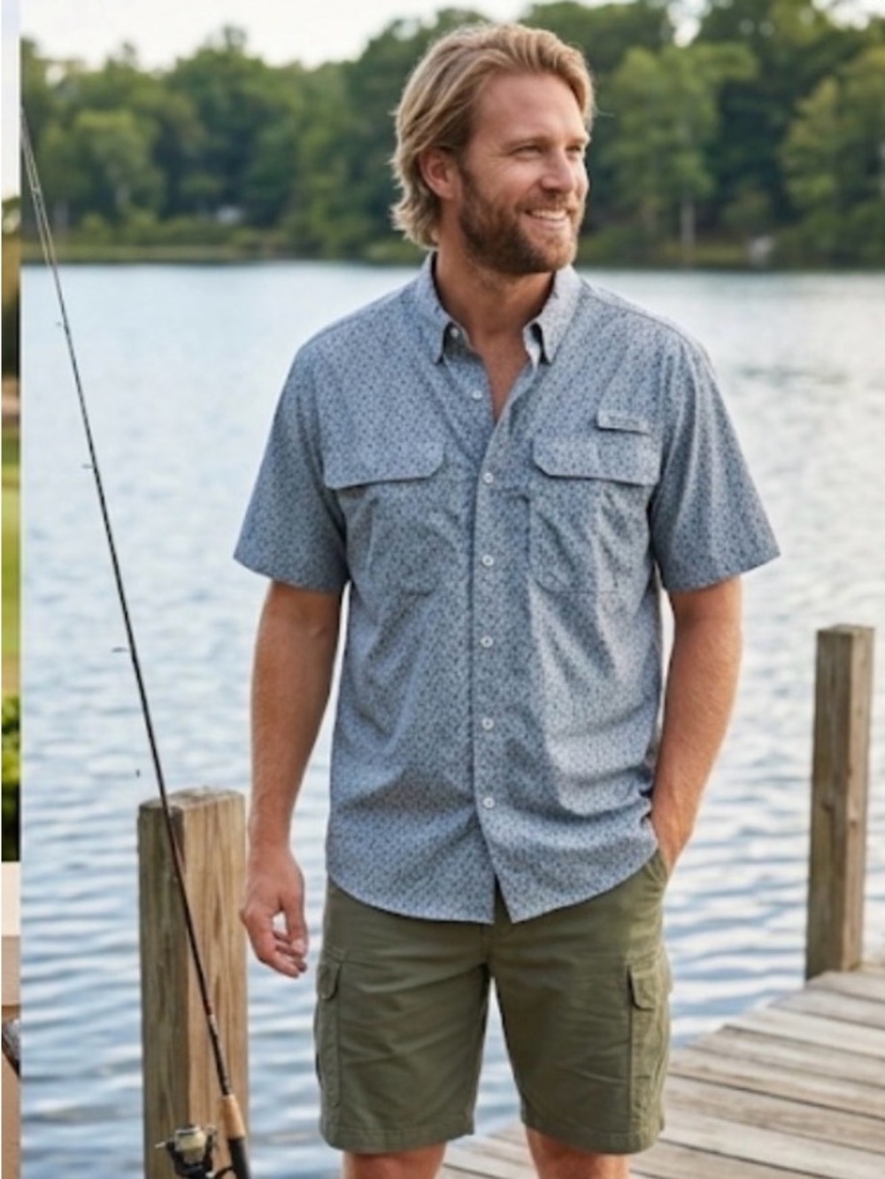 Woolrich Short-Sleeve Button-Up Shirt - Light Gray with Dark Leaf Print men’s LG